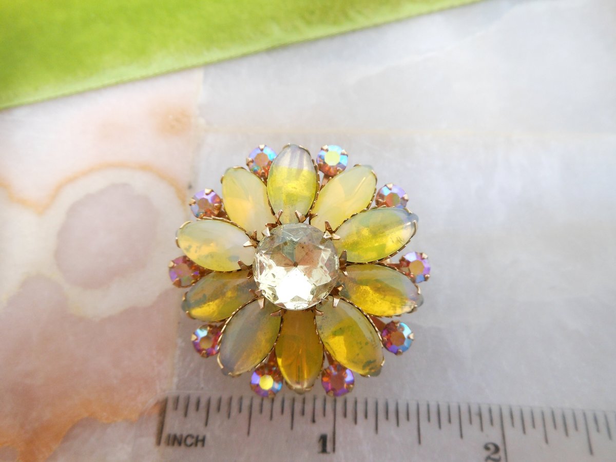 Vintage Sabrina Glass Brooch Yellow Flower Pin Rhinestone Pink Aurora Borealis Givre Starburst Jewelry Gift Mid Century, VivianJoel.com