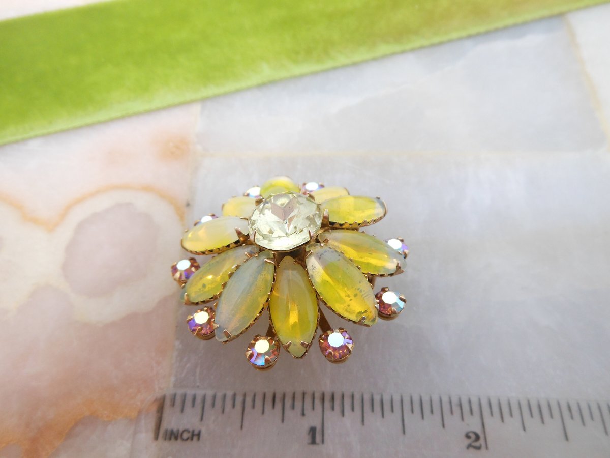 Vintage Sabrina Glass Brooch Yellow Flower Pin Rhinestone Pink Aurora Borealis Givre Starburst Jewelry Gift Mid Century, VivianJoel.com