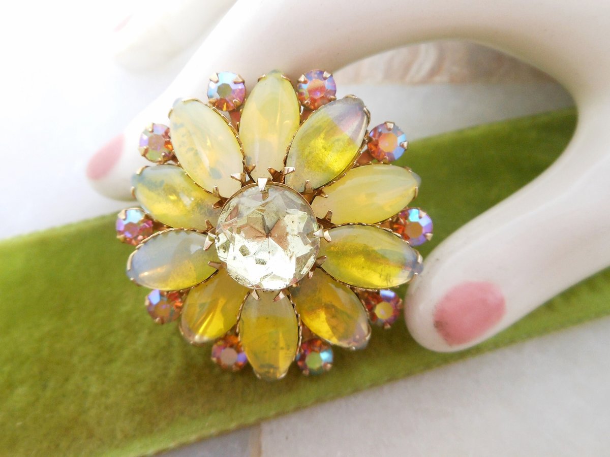 Vintage Sabrina Glass Brooch Yellow Flower Pin Rhinestone Pink Aurora Borealis Givre Starburst Jewelry Gift Mid Century, VivianJoel.com