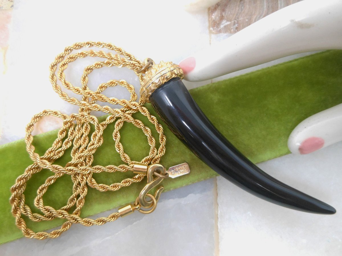 Vintage KJL Black Horn KENNETH Jay LANE Lucite Pendant Necklace Chain Designer Runway Jewelry Gift, VivianJoel.com