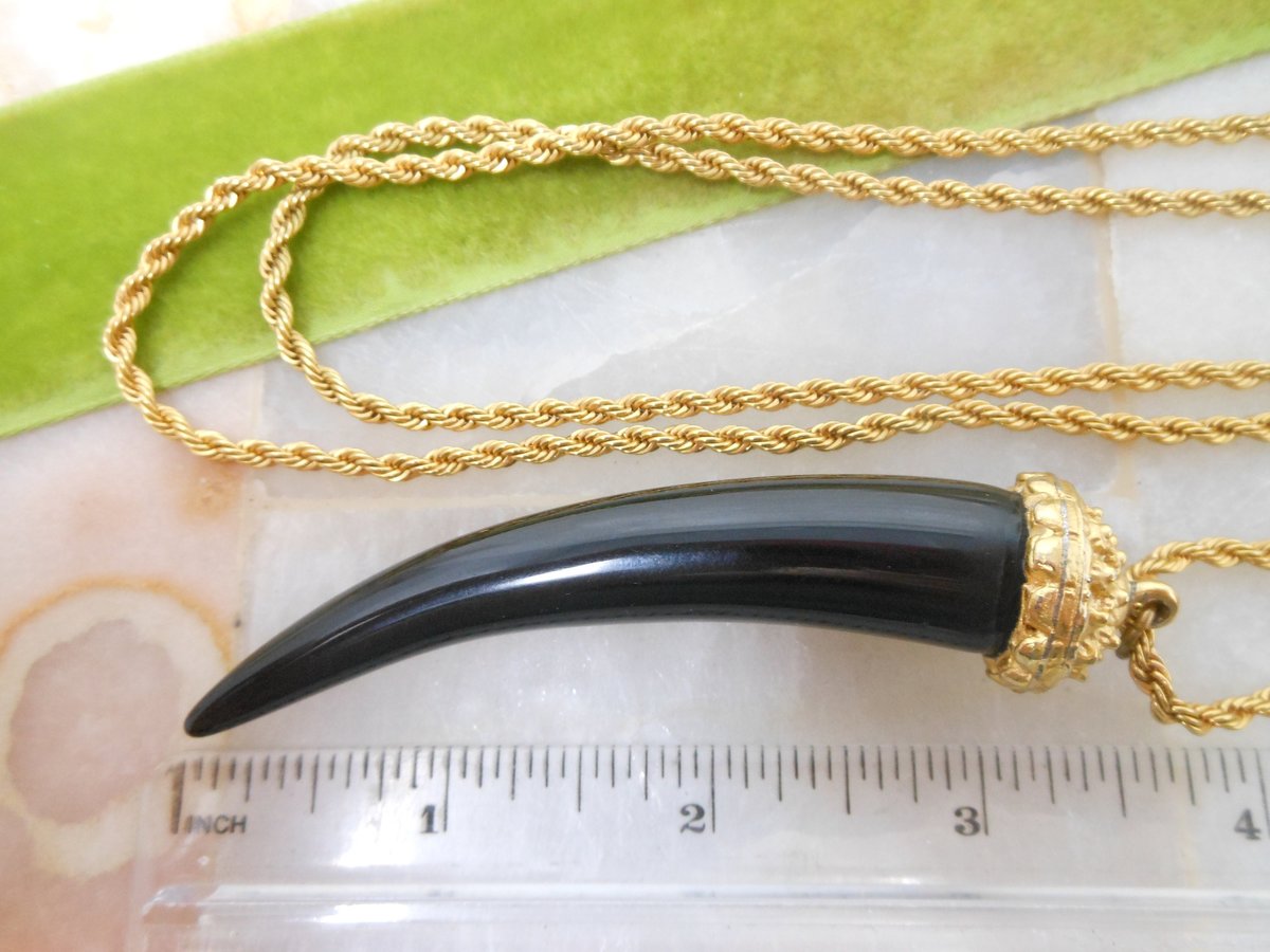 Vintage KJL Black Horn KENNETH Jay LANE Lucite Pendant Necklace Chain Designer Runway Jewelry Gift, VivianJoel.com
