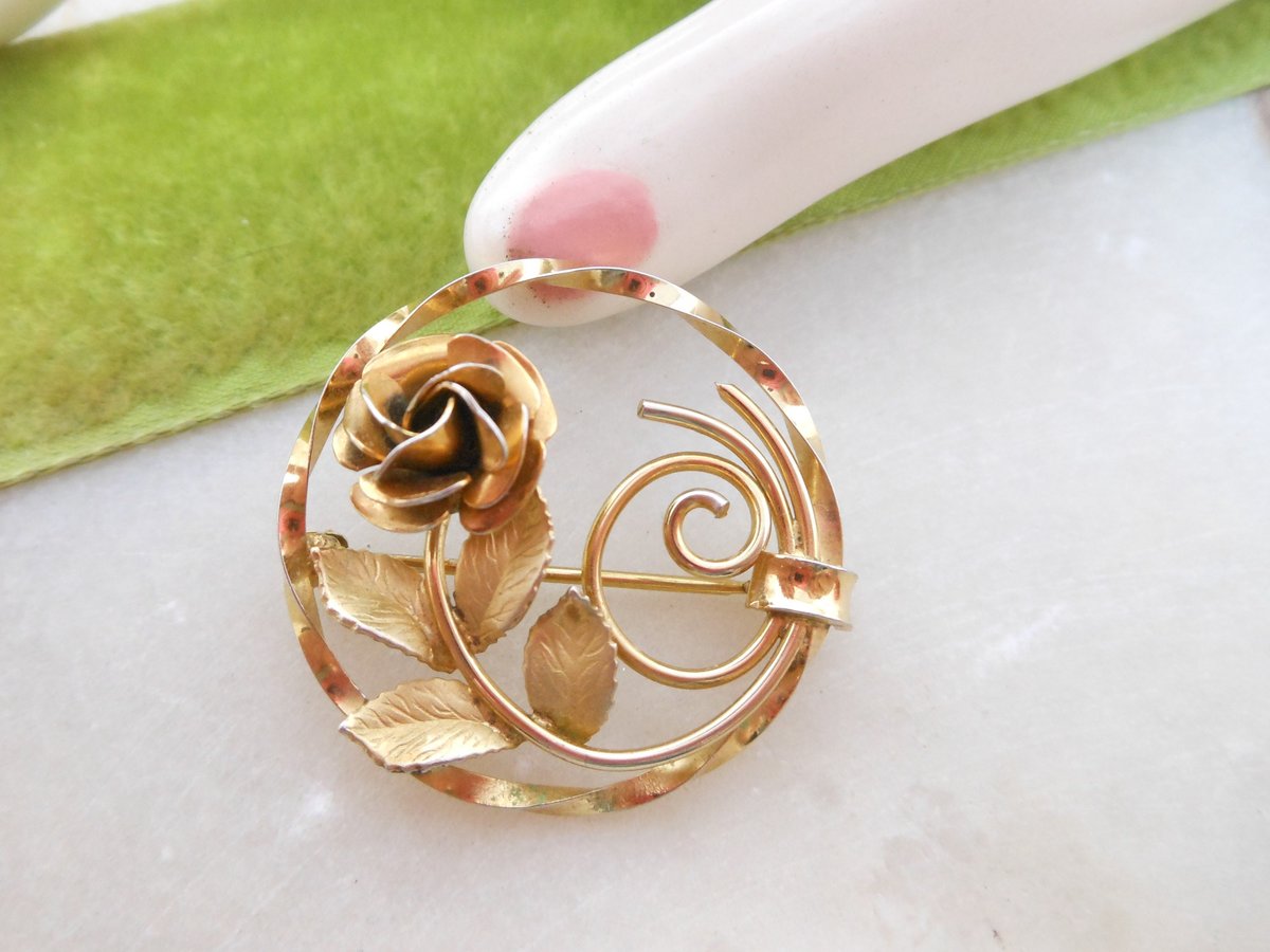 Vintage Gold Fill Rose Brooch GF Petite Pin Flower Wreath Designer Two Tone Minimalist Mid Century Gift, VivianJoel.com