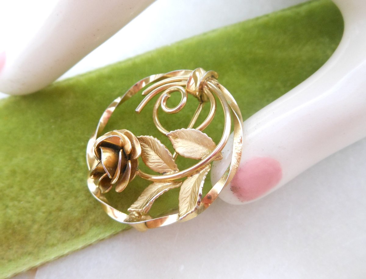 Vintage Gold Fill Rose Brooch GF Petite Pin Flower Wreath Designer Two Tone Minimalist Mid Century Gift, VivianJoel.com