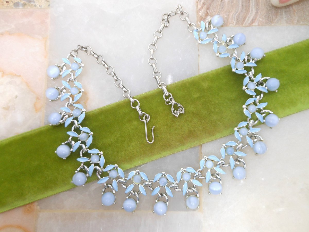 Vintage Blue Necklace Art Glass Enamel Collar Fringe Dangle Pin Up Retro Mod Mid Century Jewelry Gift, VivianJoel.com