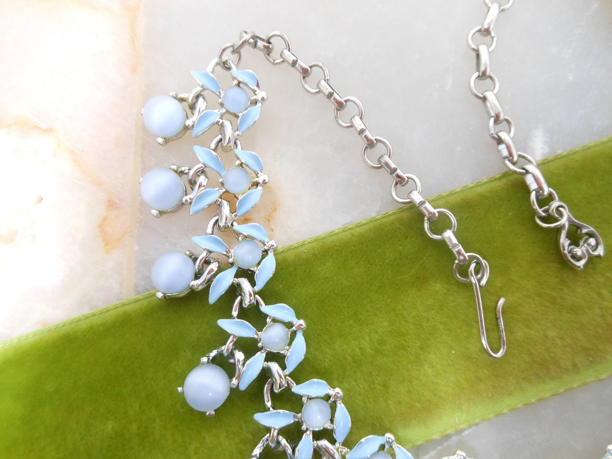 Vintage Blue Necklace Art Glass Enamel Collar Fringe Dangle Pin Up Retro Mod Mid Century Jewelry Gift, VivianJoel.com