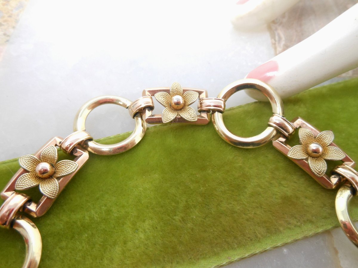 Vintage KREMENTZ Flower Bracelet Daisy Link Yellow Rose Two Tone Gold Overlay Designer Mid Century Jewelry Gift, VivianJoel.com