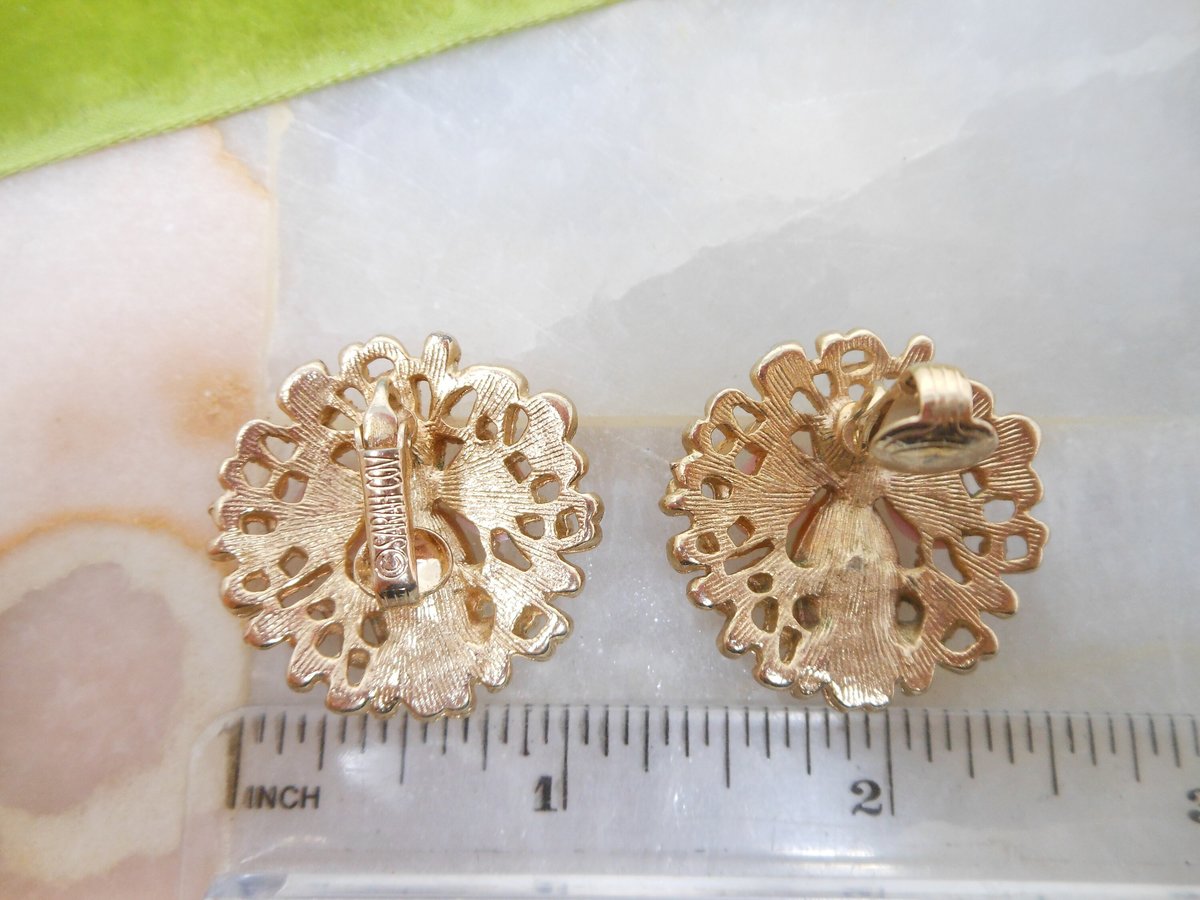 Vintage SARAH COVENTRY Earrings Clip On Green Rhinestone Pink Egg Fashion Splendor Designer Jewelry Gift Mid Century, VivianJoel.com