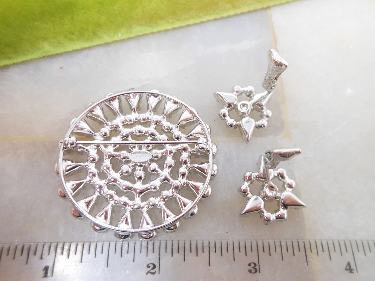 Vintage B DAVID Rhinestone Brooch Earrings Set Starburst Flower Aurora Borealis Designer Mid Century Jewelry Original Box, VivianJoel.com
