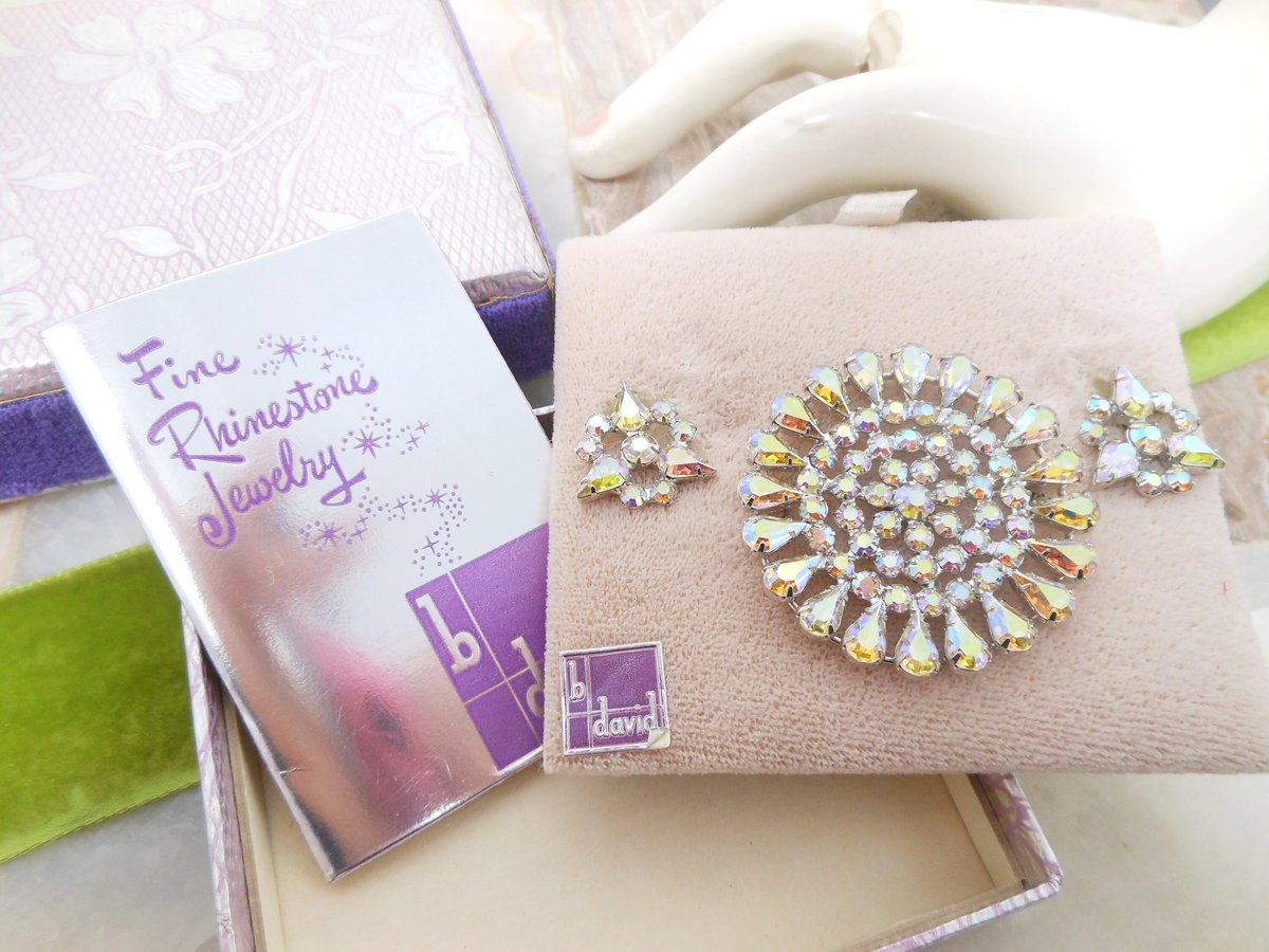 Vintage B DAVID Rhinestone Brooch Earrings Set Starburst Flower Aurora Borealis Designer Mid Century Jewelry Original Box, VivianJoel.com