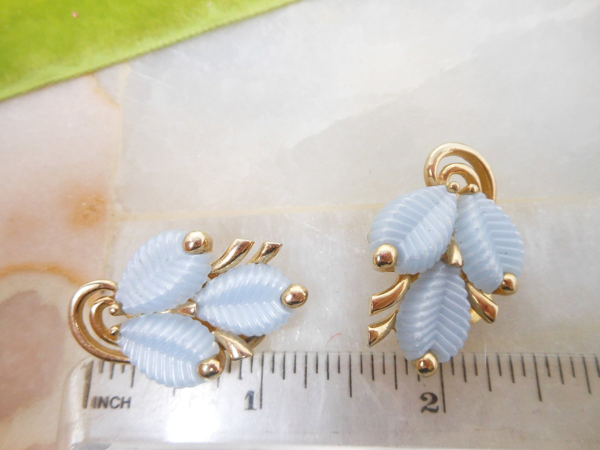 Vintage MARBOUX Earrings Blue Thermoset Plastic Leaf Gold Plate Clip On Designer Marcel Boucher Jewelry Mid Century Gift, VivianJoel.com