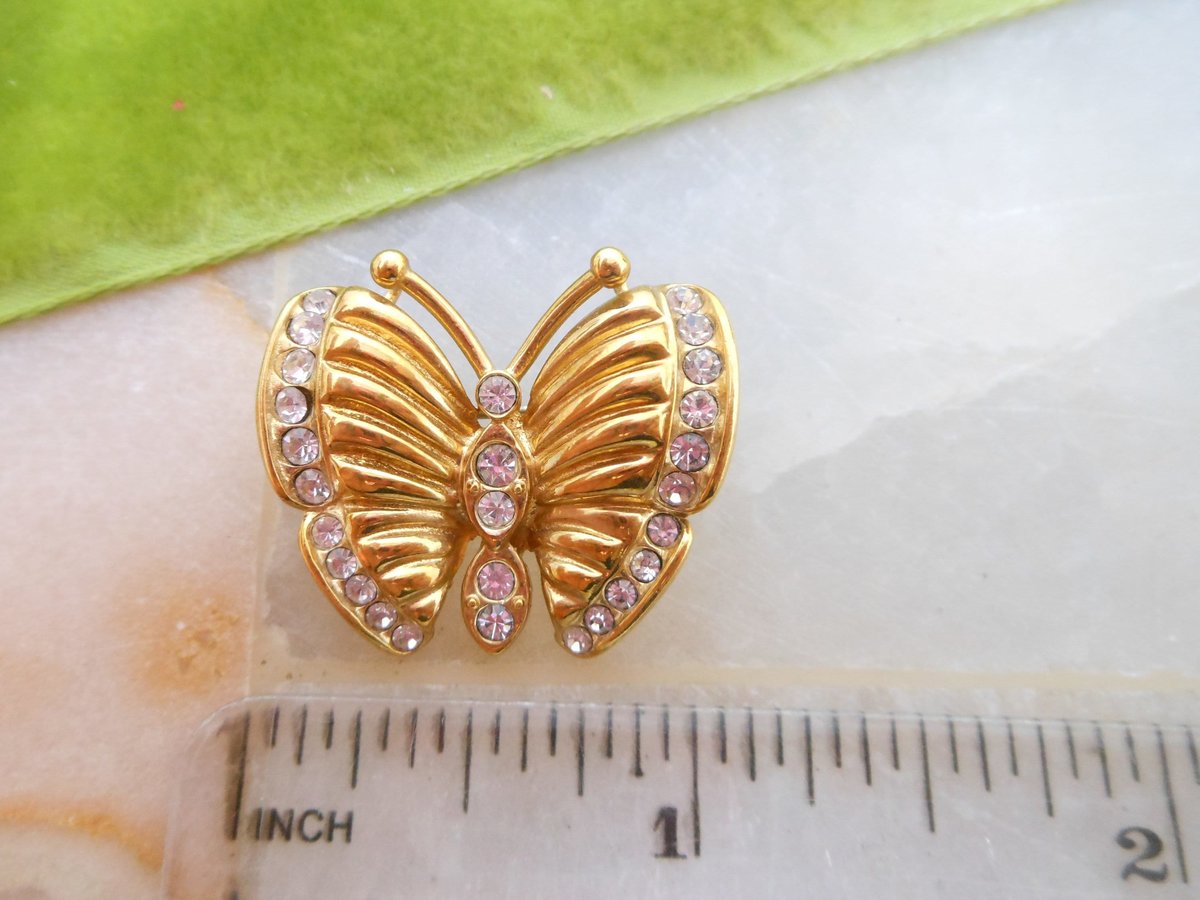 Vintage KREMENTZ Petite Pin Butterfly Insect Bug Brooch Gold Overlay Minimalist Rhinestone Designer Mid Century Jewelry Gift, VivianJoel.com