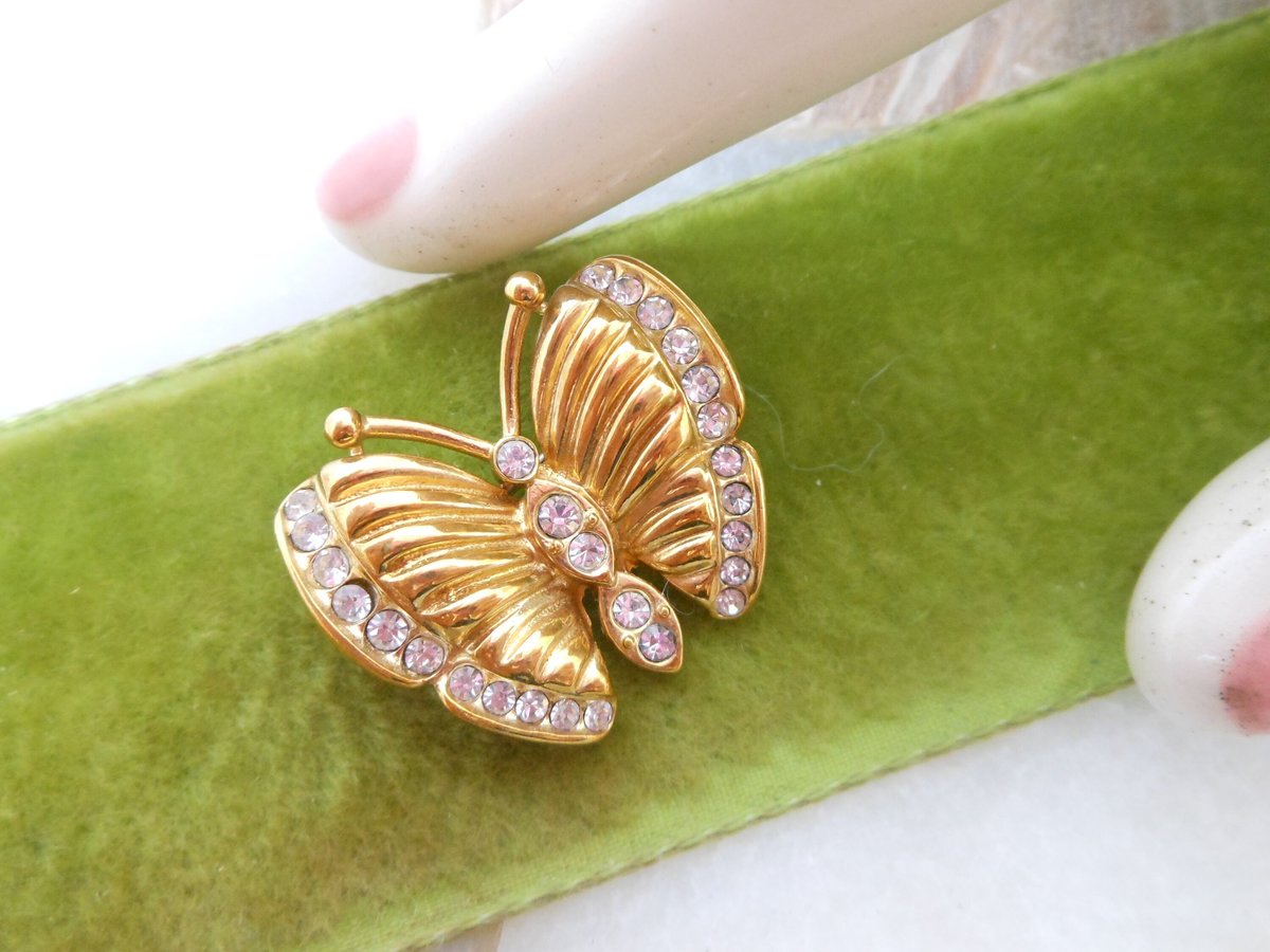 Vintage KREMENTZ Petite Pin Butterfly Insect Bug Brooch Gold Overlay Minimalist Rhinestone Designer Mid Century Jewelry Gift, VivianJoel.com