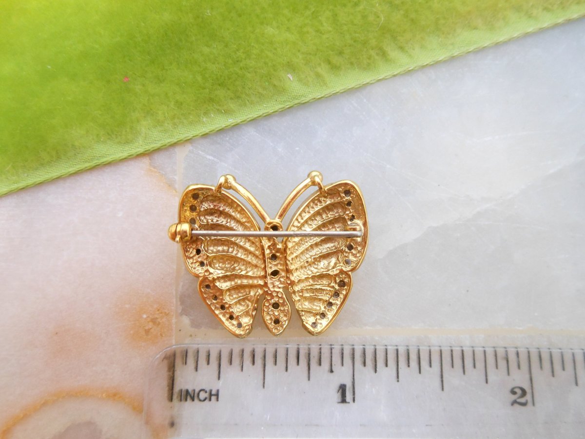 Vintage KREMENTZ Petite Pin Butterfly Insect Bug Brooch Gold Overlay Minimalist Rhinestone Designer Mid Century Jewelry Gift, VivianJoel.com