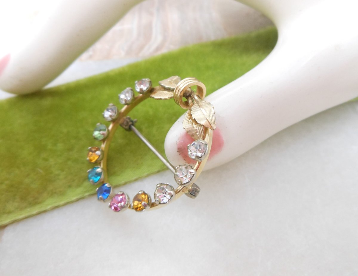 Vintage KREMENTZ Rhinestone Petite Pin Fruit Salad Wreath Brooch Gold Overlay Minimalist Designer Mid Century Jewelry Gift, VivianJoel.com