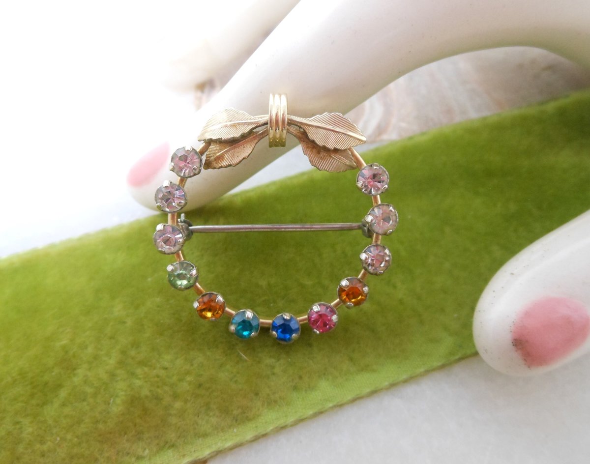 Vintage KREMENTZ Rhinestone Petite Pin Fruit Salad Wreath Brooch Gold Overlay Minimalist Designer Mid Century Jewelry Gift, VivianJoel.com