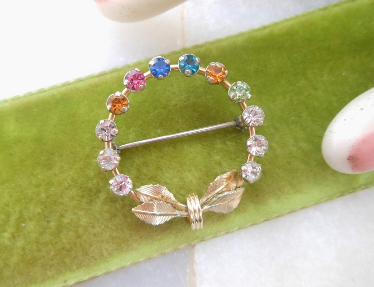 Vintage KREMENTZ Rhinestone Petite Pin Fruit Salad Wreath Brooch Gold Overlay Minimalist Designer Mid Century Jewelry Gift, VivianJoel.com