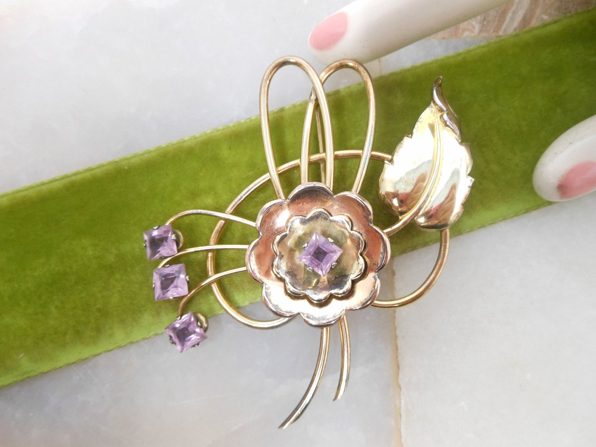 Vintage HARRY ISKIN Gold Fill Brooch Flower Pin Lilac Crystal Rhinestone GF Designer Mid Century Jewelry Gift, VivianJoel.com