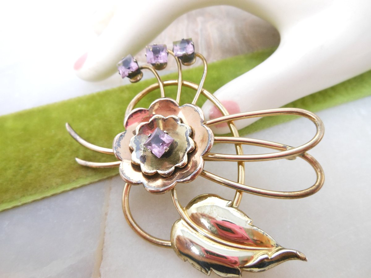 Vintage HARRY ISKIN Gold Fill Brooch Flower Pin Lilac Crystal Rhinestone GF Designer Mid Century Jewelry Gift, VivianJoel.com