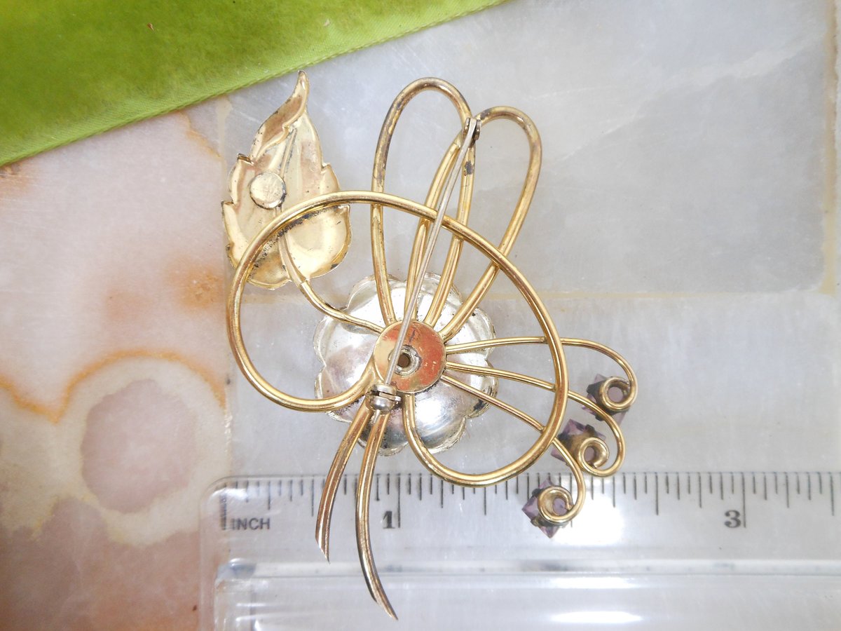 Vintage HARRY ISKIN Gold Fill Brooch Flower Pin Lilac Crystal Rhinestone GF Designer Mid Century Jewelry Gift, VivianJoel.com