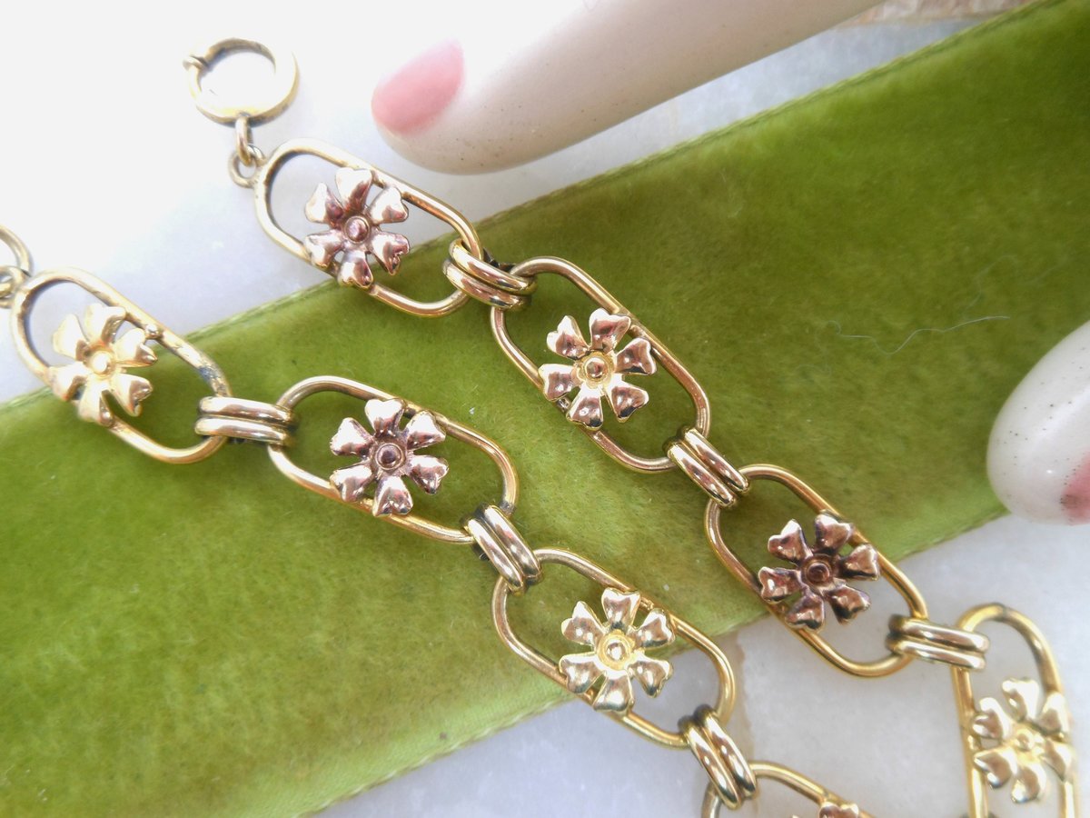 Vintage Gold Fill Flower Bracelet Chain Link Daisy Skinny Chain GF Jewelry Gift Mid Century, VivianJoel.com