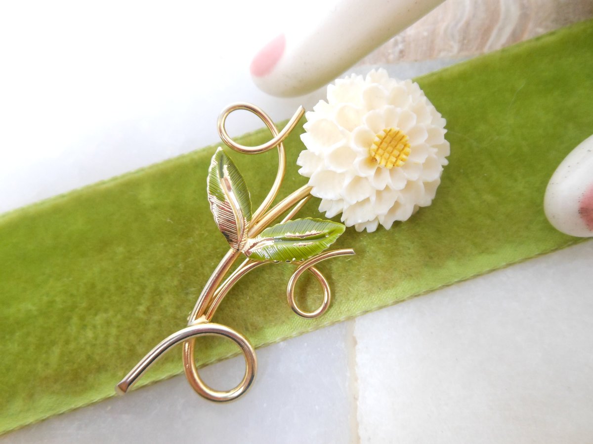 Vintage D'OR Designer Brooch Gold Fill Flower Dahlia Pin Carved Bone Bovine Mid Century Jewelry Gift, VivianJoel.com