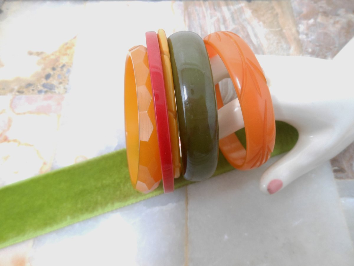 Vintage BAKELITE LOT 5  Bangle Bracelet Stack Tested Green Red Butterscotch Yellow Old Plastic Mid Century Jewelry Gift, VivianJoel
