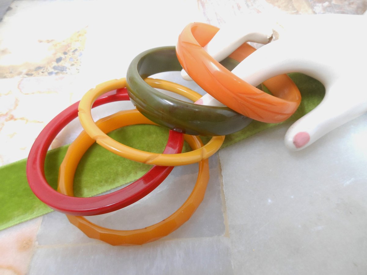 Vintage BAKELITE LOT 5  Bangle Bracelet Stack Tested Green Red Butterscotch Yellow Old Plastic Mid Century Jewelry Gift, VivianJoel