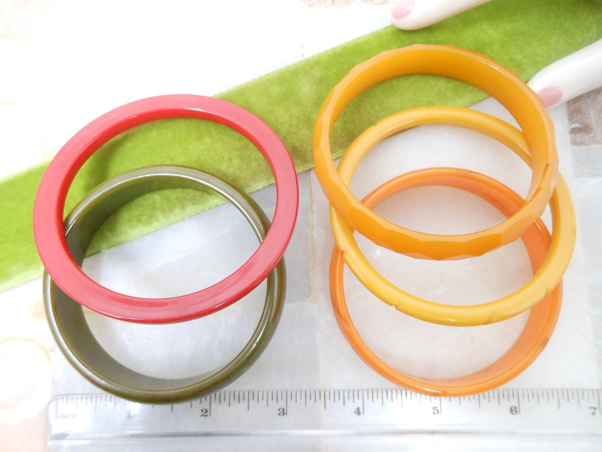 Vintage BAKELITE LOT 5  Bangle Bracelet Stack Tested Green Red Butterscotch Yellow Old Plastic Mid Century Jewelry Gift, VivianJoel