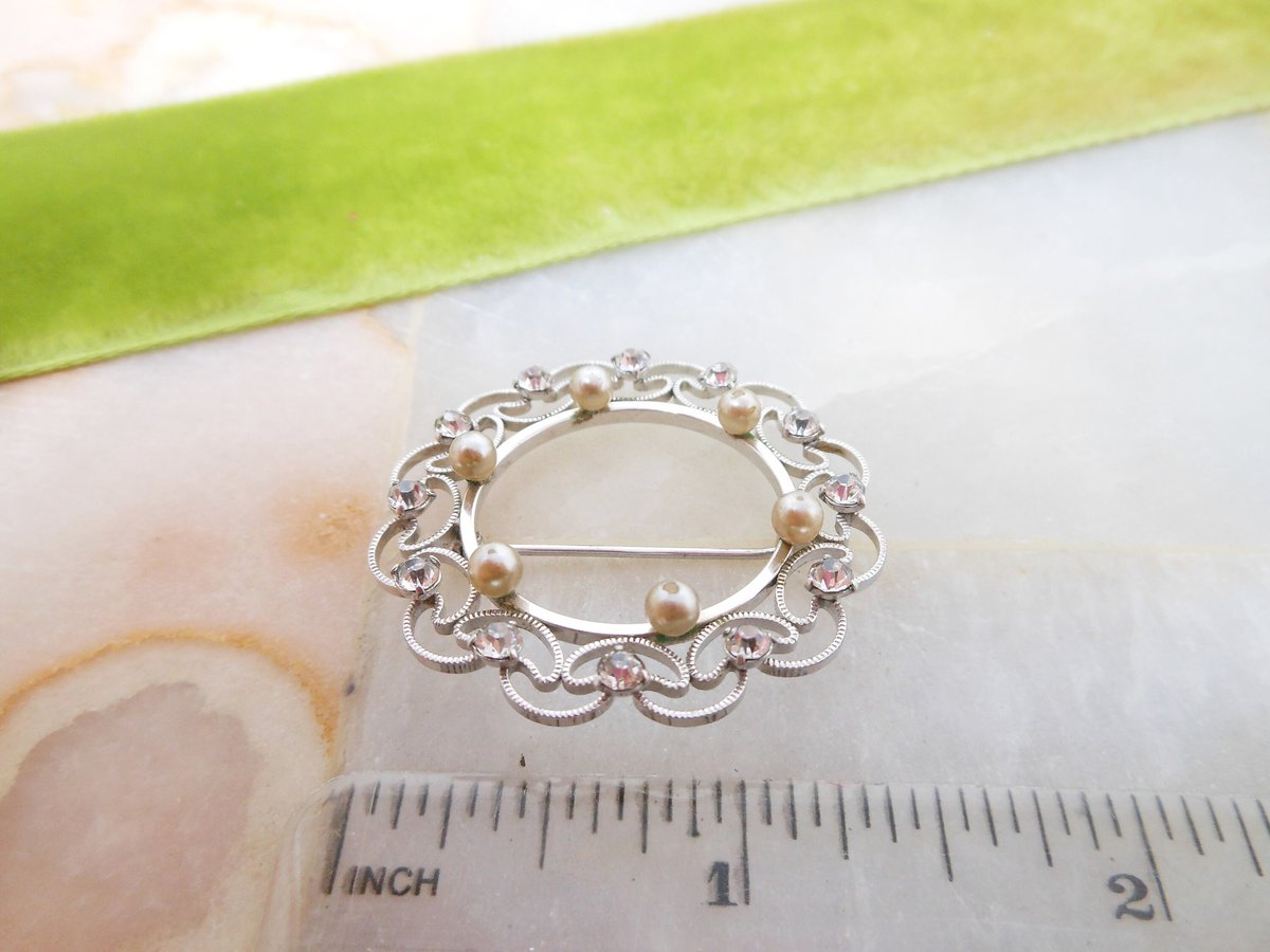 Vintage KREMENTZ Brooch Designer Pin 14KT White Gold Overlay Crystal Filigree Wreath Dainty Delicate Jewelry Mid Century, VivianJoel.com