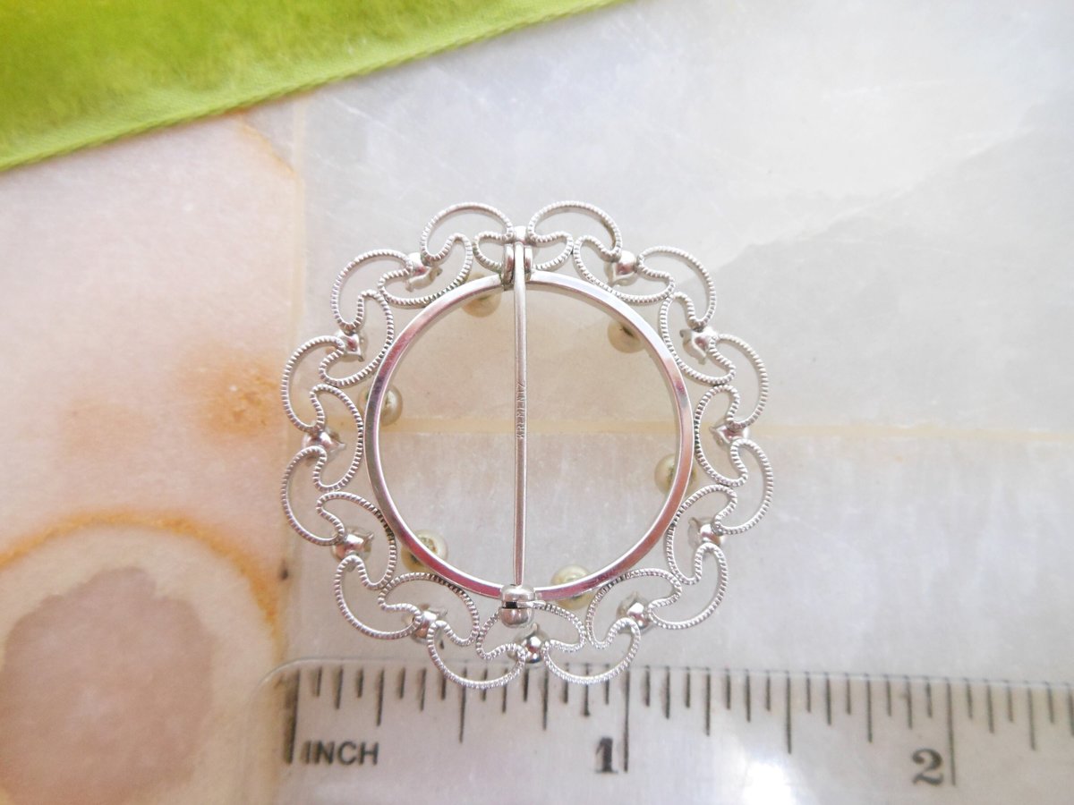 Vintage KREMENTZ Brooch Designer Pin 14KT White Gold Overlay Crystal Filigree Wreath Dainty Delicate Jewelry Mid Century, VivianJoel.com