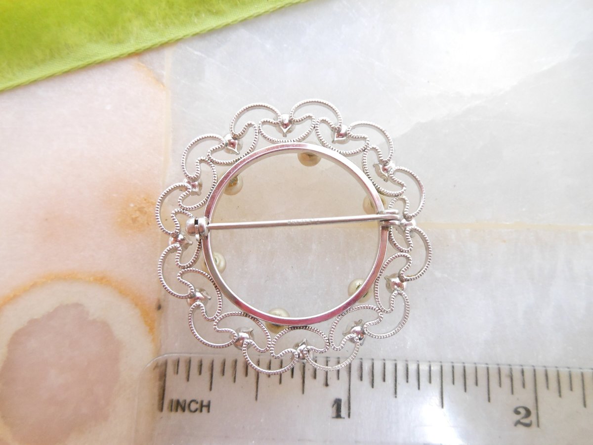 Vintage KREMENTZ Brooch Designer Pin 14KT White Gold Overlay Crystal Filigree Wreath Dainty Delicate Jewelry Mid Century, VivianJoel.com