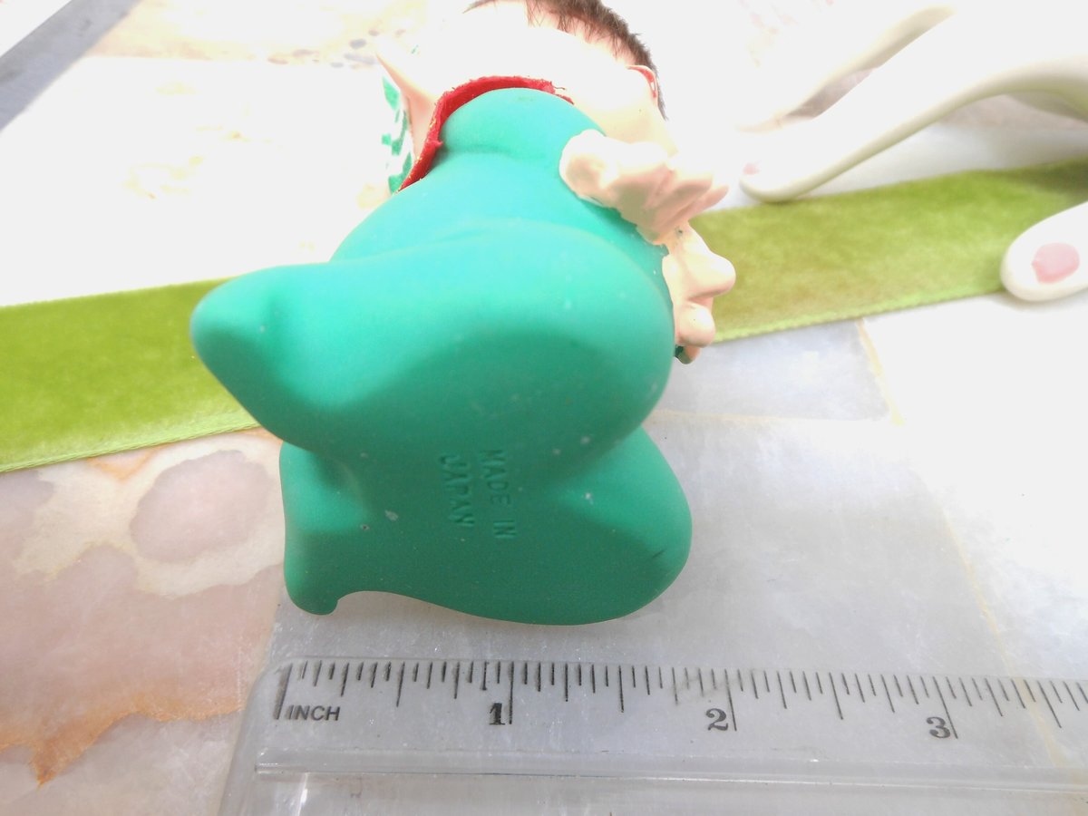 Vintage Rubber Christmas Pixie Elf JAPAN Plastic Tree Ornament Big Eye Stripe Hat Mid Century *FLAWED As Is*, VivianJoel.com