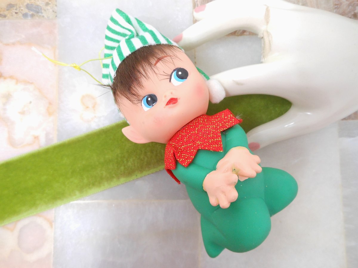 Vintage Rubber Christmas Pixie Elf JAPAN Plastic Tree Ornament Big Eye Stripe Hat Mid Century *FLAWED As Is*, VivianJoel.com