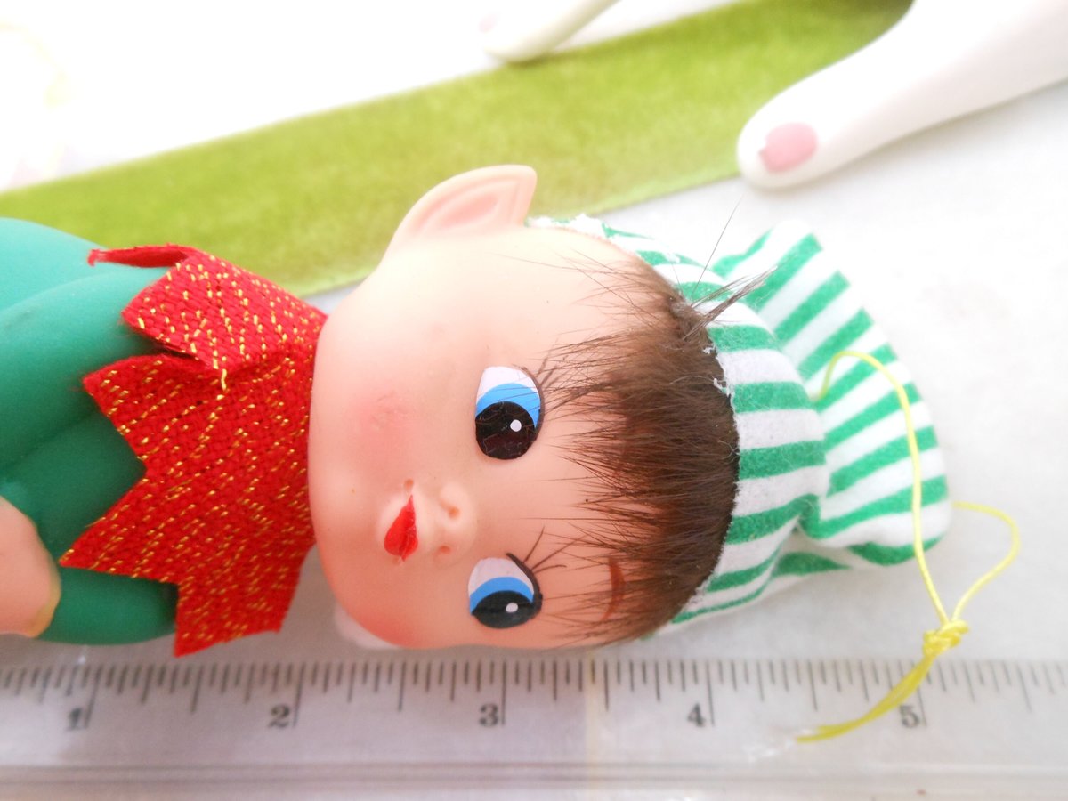 Vintage Rubber Christmas Pixie Elf JAPAN Plastic Tree Ornament Big Eye Stripe Hat Mid Century *FLAWED As Is*, VivianJoel.com