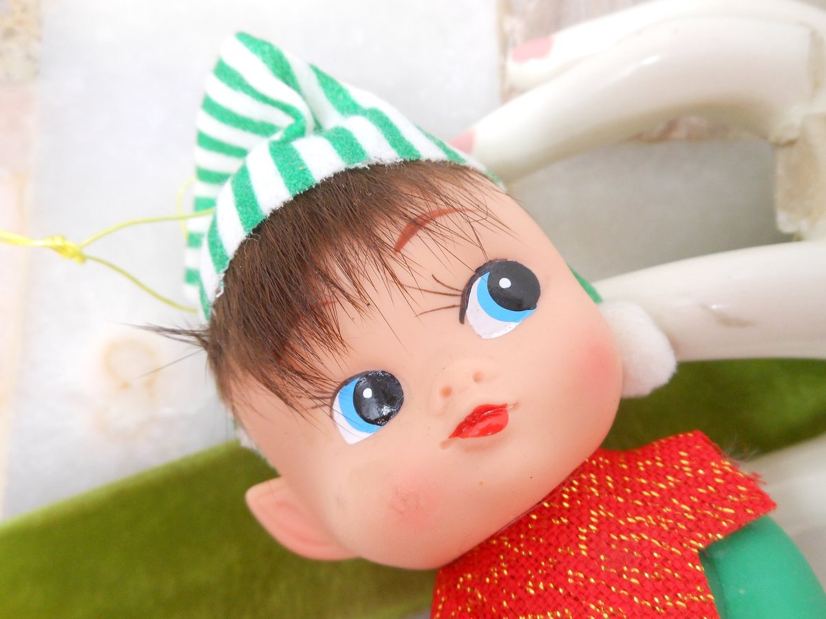 Vintage Rubber Christmas Pixie Elf JAPAN Plastic Tree Ornament Big Eye Stripe Hat Mid Century *FLAWED As Is*, VivianJoel.com