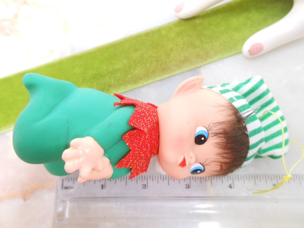 Vintage Rubber Christmas Pixie Elf JAPAN Plastic Tree Ornament Big Eye Stripe Hat Mid Century *FLAWED As Is*, VivianJoel.com