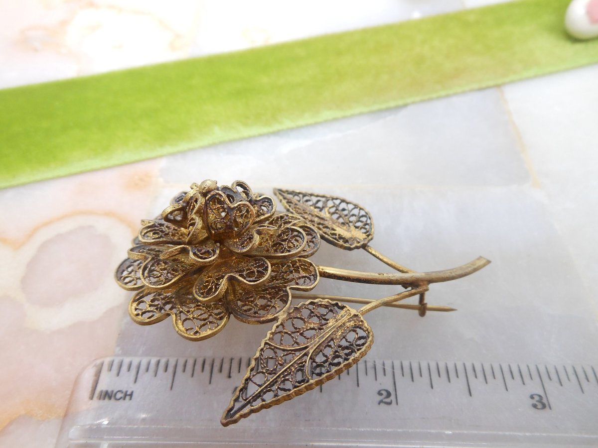Vintage Filigree Flower Brooch CU Designer Pin Gold Vermiel Renaissance Victorian Revival Mid Century Jewelry, VivianJoel.com