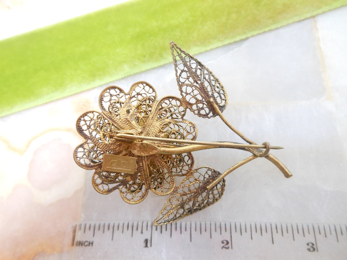 Vintage Filigree Flower Brooch CU Designer Pin Gold Vermiel Renaissance Victorian Revival Mid Century Jewelry, VivianJoel.com