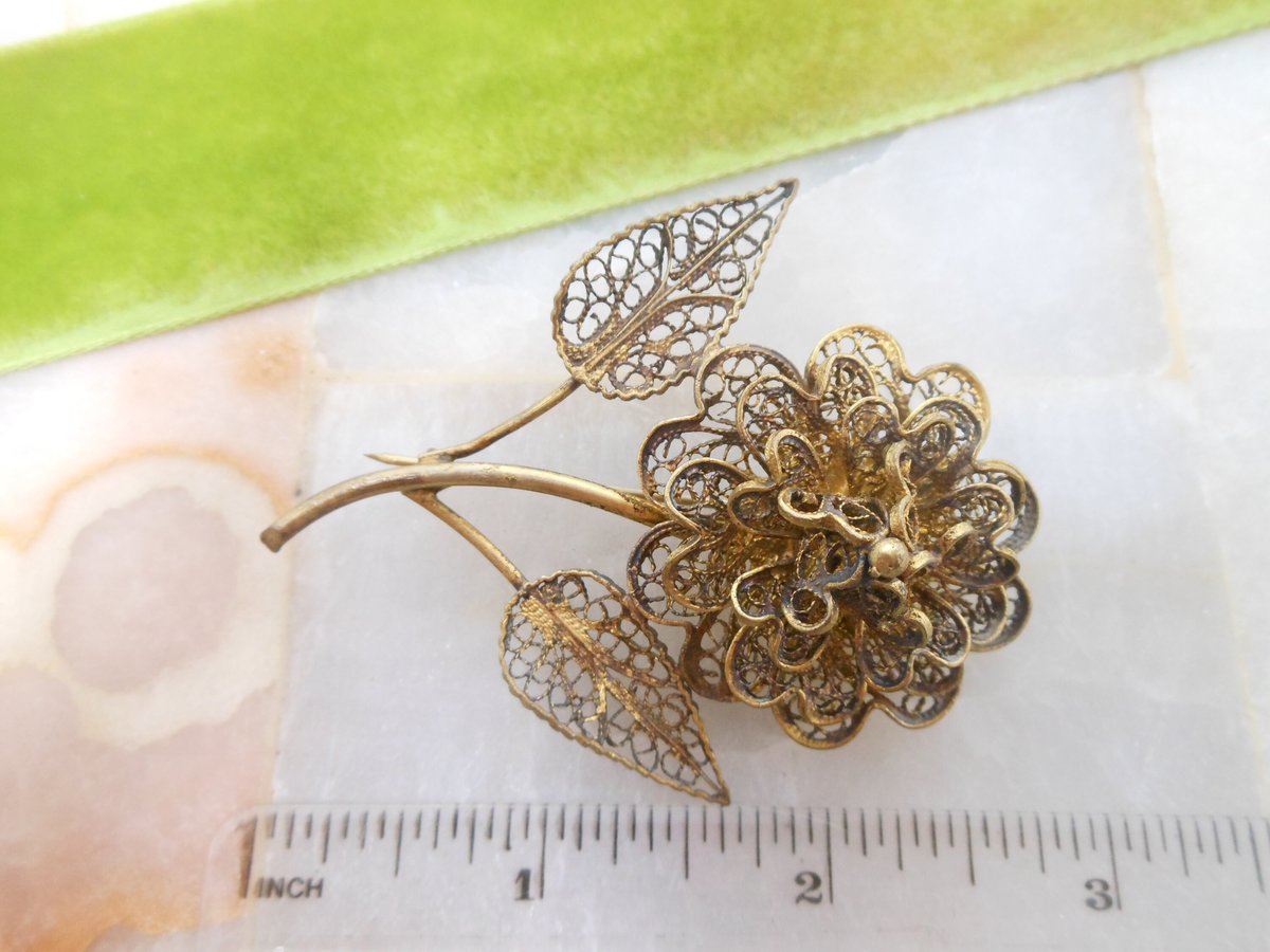 Vintage Filigree Flower Brooch CU Designer Pin Gold Vermiel Renaissance Victorian Revival Mid Century Jewelry, VivianJoel.com