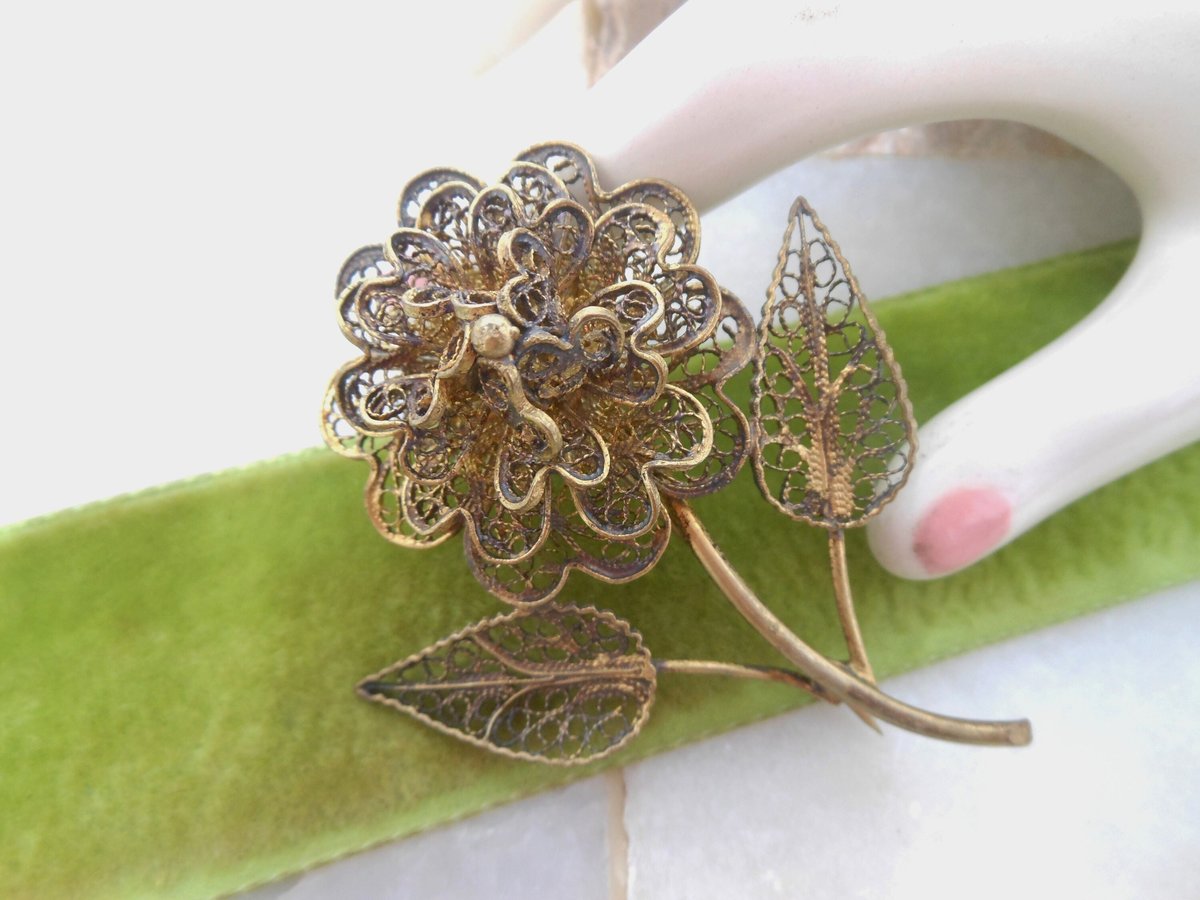 Vintage Filigree Flower Brooch CU Designer Pin Gold Vermiel Renaissance Victorian Revival Mid Century Jewelry, VivianJoel.com