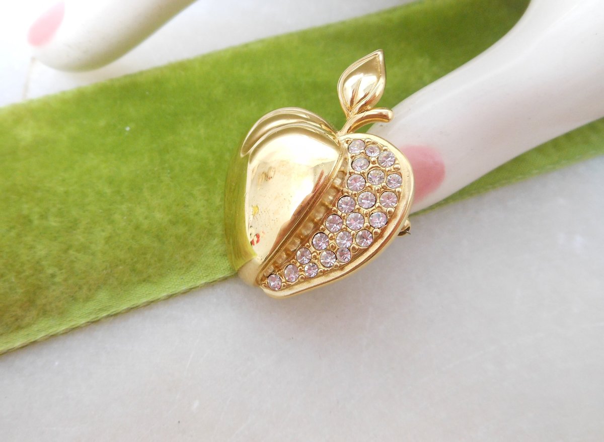 Vintage KREMENTZ Apple Pin Designer Brooch Crystal Rhinestone Gold Overlay Petite Jewelry Mid Century Gift, VivianJoel.com