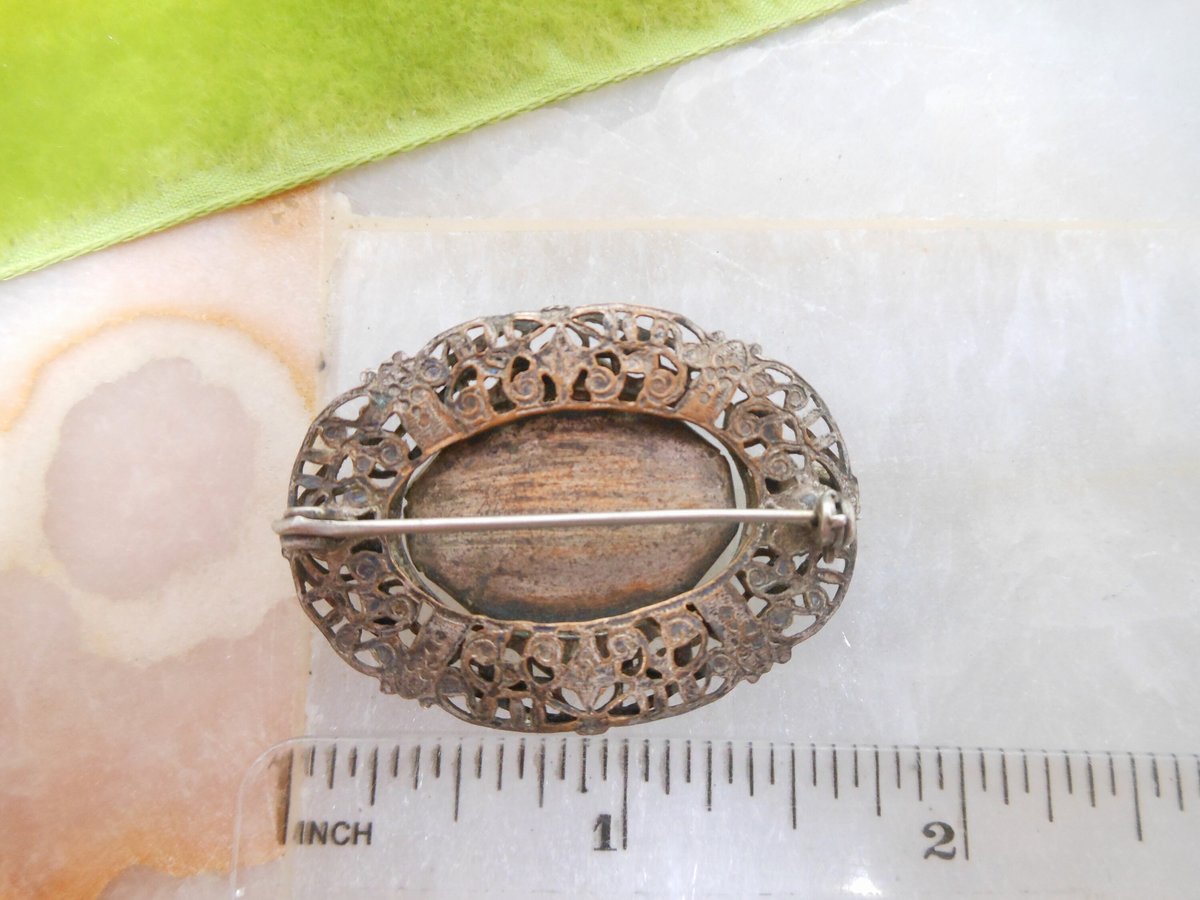 Vintage Green Peking Glass Brooch Ornate Art Nouveau Deco Victorian Mid Century Jewelry Gift, VivianJoel.com