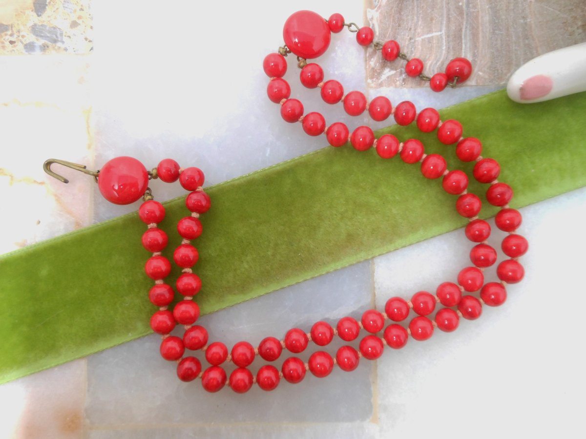 Vintage Red Art Glass Necklace Bead Two Strand Collar Choker Hand Knot Jewelry Festive Holiday Mid Century, VivianJoel.com