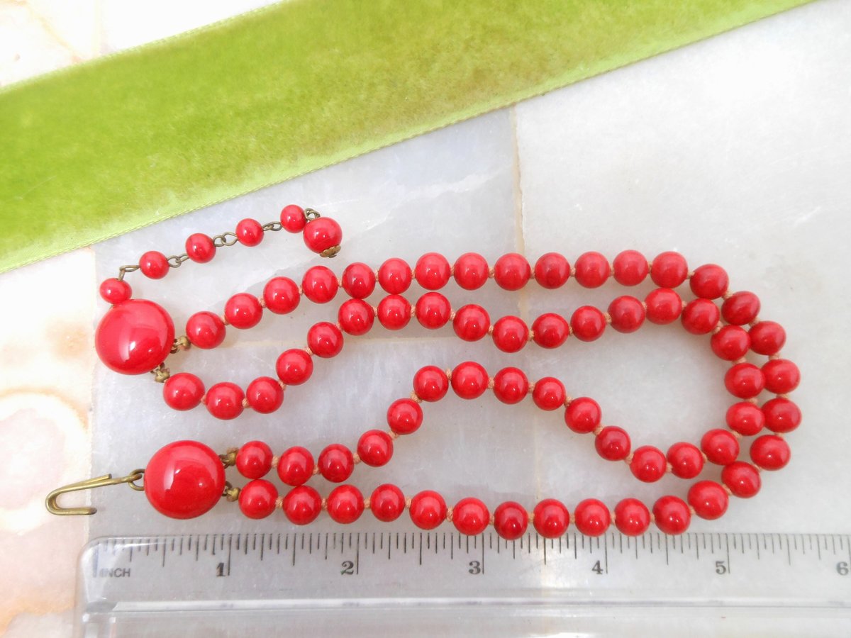 Vintage Red Art Glass Necklace Bead Two Strand Collar Choker Hand Knot Jewelry Festive Holiday Mid Century, VivianJoel.com