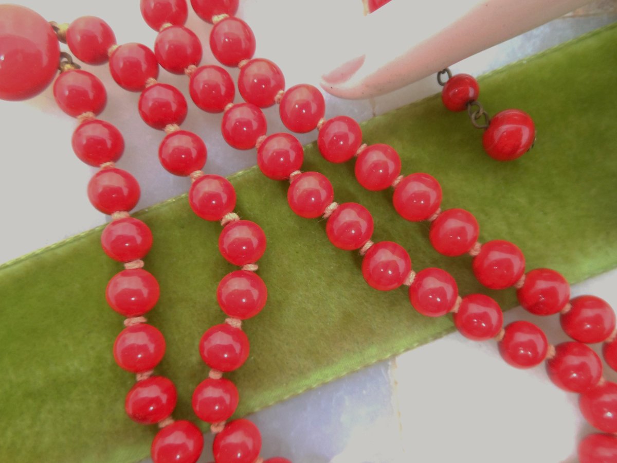Vintage Red Art Glass Necklace Bead Two Strand Collar Choker Hand Knot Jewelry Festive Holiday Mid Century, VivianJoel.com