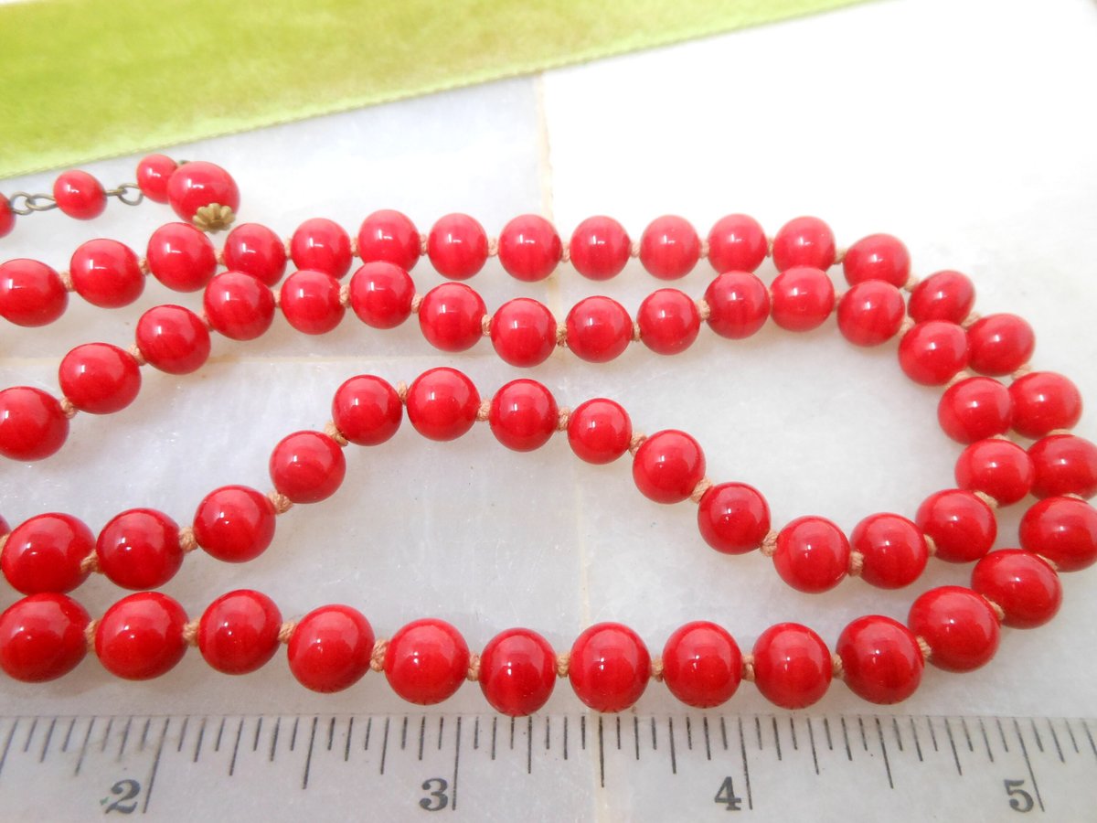Vintage Red Art Glass Necklace Bead Two Strand Collar Choker Hand Knot Jewelry Festive Holiday Mid Century, VivianJoel.com