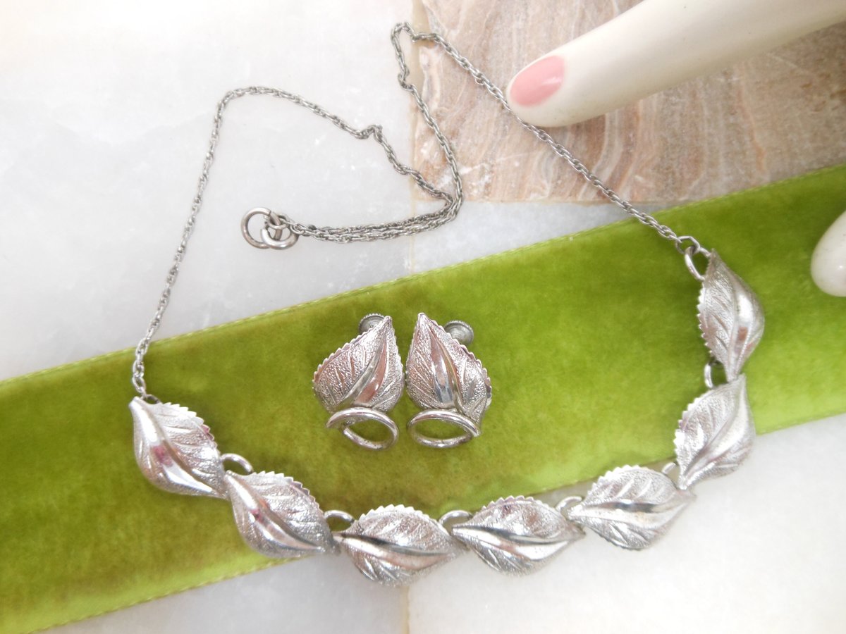 Vintage BOND BOYD STERLING Silver Necklace Earrings Set Demi Parure Leaf Modernist Minimalist Designer Mid Century Gift, VivianJoel.com