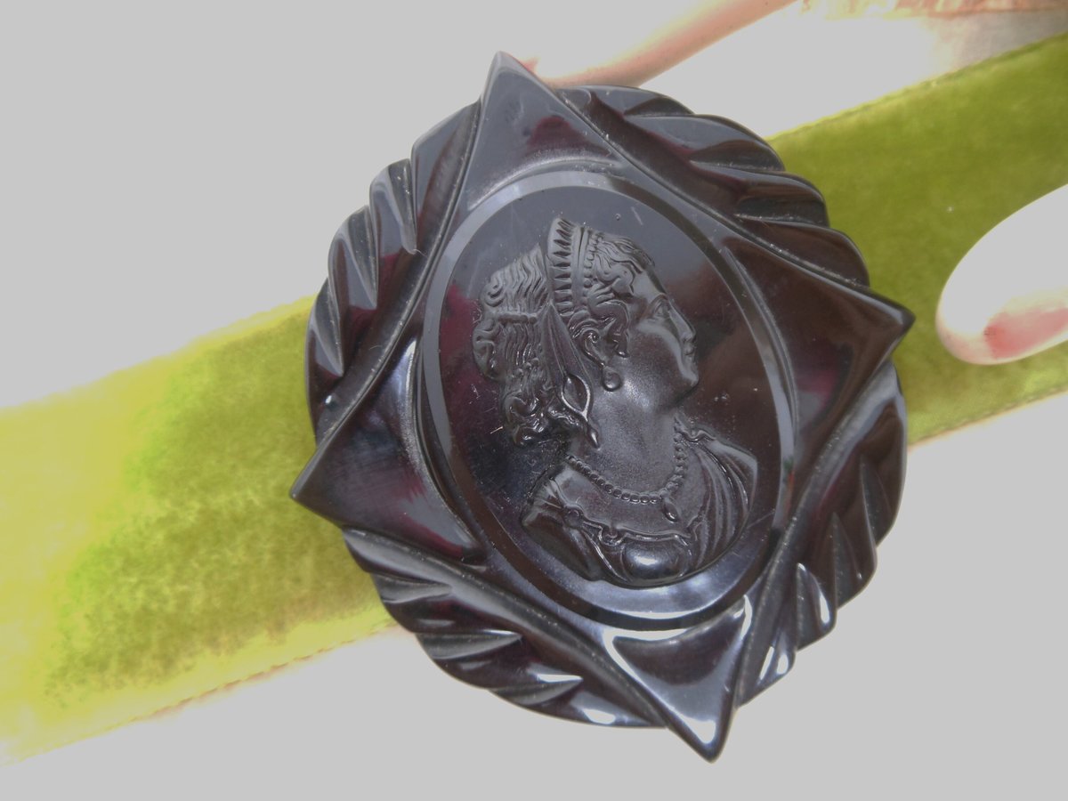 Vintage Black BAKELITE Brooch Carved Cameo Large Pin Art Deco Mourning Victorian Old Plastic ERA Mid Century Jewelry Gift, VivianJoel.com