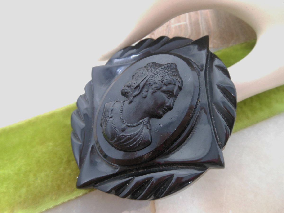 Vintage Black BAKELITE Brooch Carved Cameo Large Pin Art Deco Mourning Victorian Old Plastic ERA Mid Century Jewelry Gift, VivianJoel.com