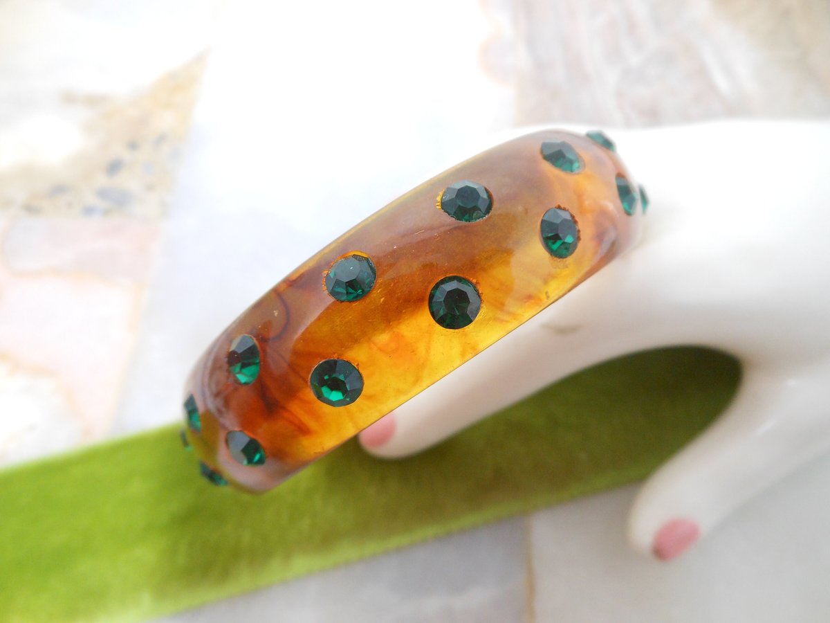 Vintage BAKELITE Bracelet Bangle Green Inset Crystal Rhinestone Mid Century Art Deco Jewelry Gift, VivianJoel.com